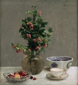Henri Fantin-Latour Still Life with Vase of Hawthorn, Bowl of Cherries, Japanese Bowl, and Cup and Saucer oil painting image